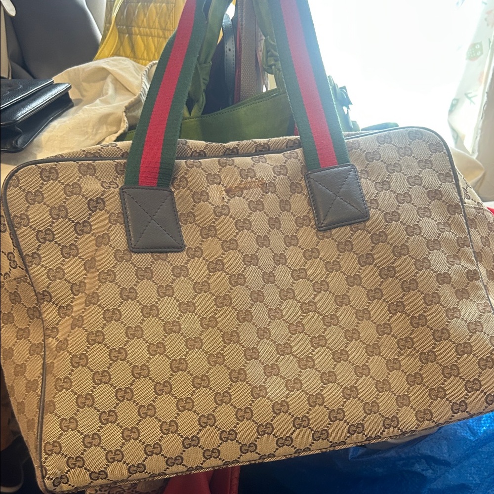Canvas Duffle Travel Tote Overnight Beige GG Print w/ Red & Green Stripe Straps